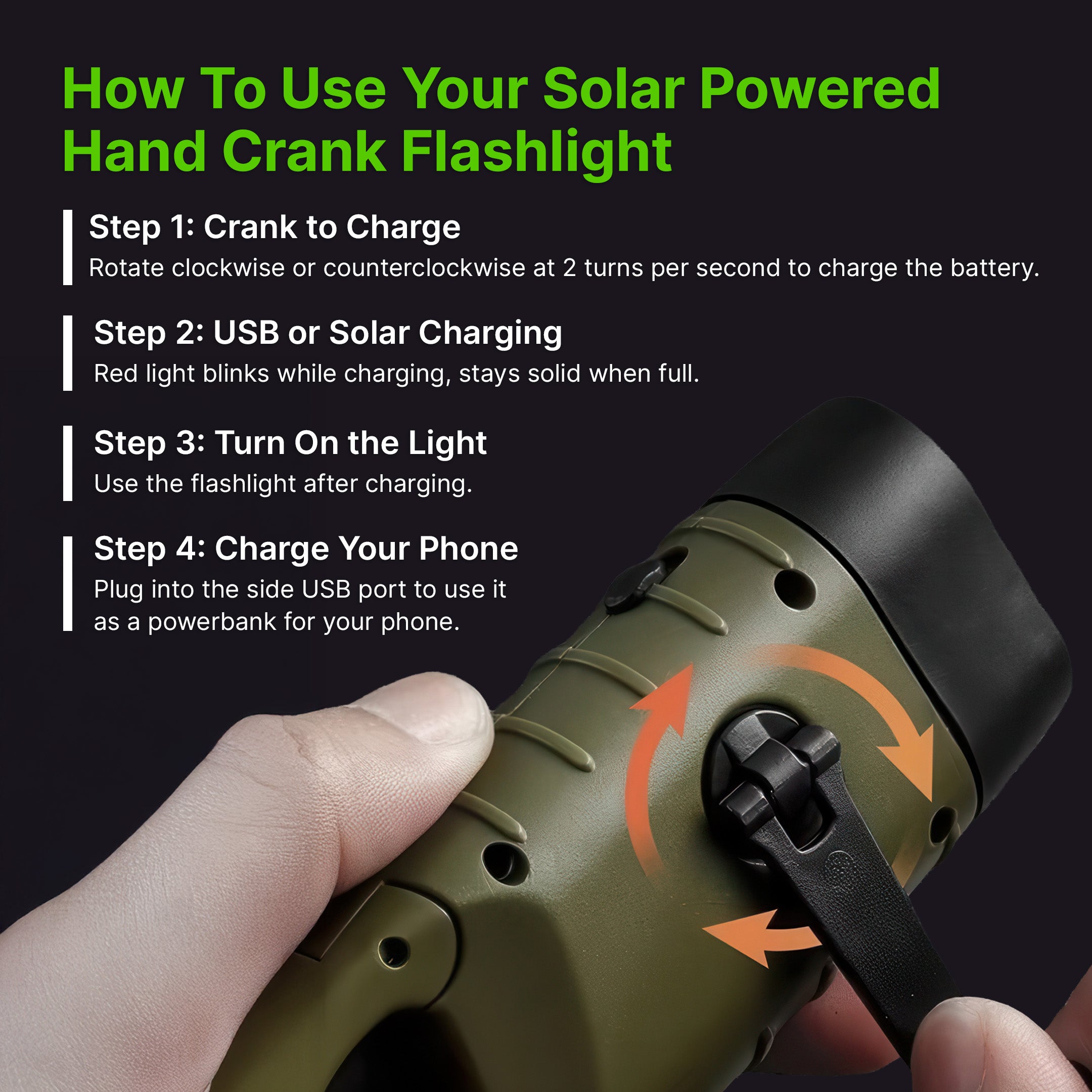 Solar Powered Hand Crank Flashlight with Powerbank - Image 8